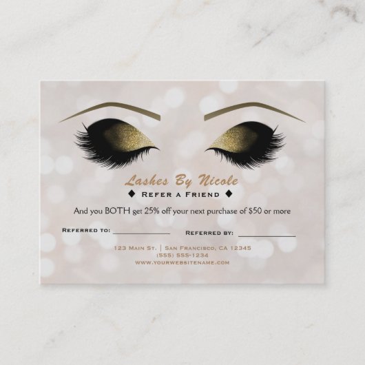 Weiße Lichter Makeup Lashes Freundschaftsnachsorge Empfehlungskarte (Vorderseite)