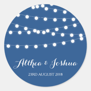 Weiße Lichterketten Blaue Hochzeitsaufkleber Runder Aufkleber