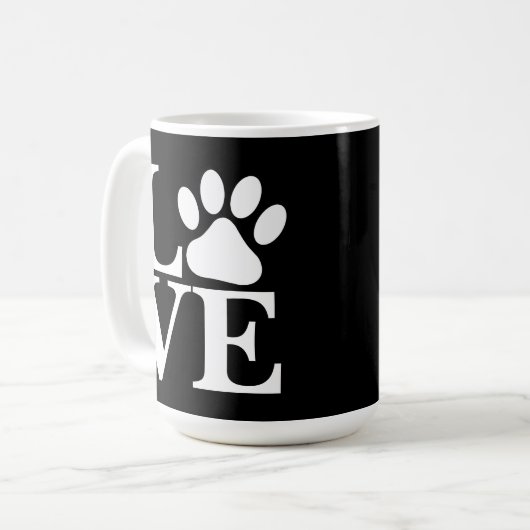 Weiße LIEBE Word Dog Paw Drucken auf schwarzem Hin Kaffeetasse (Vorderseite Links)