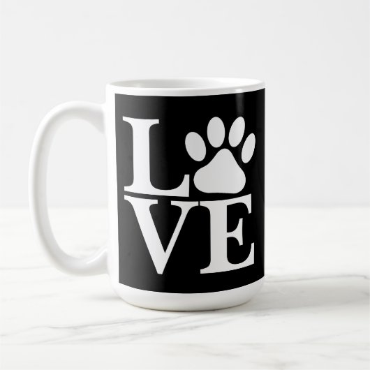 Weiße LIEBE Word Dog Paw Drucken auf schwarzem Hin Kaffeetasse (Links)
