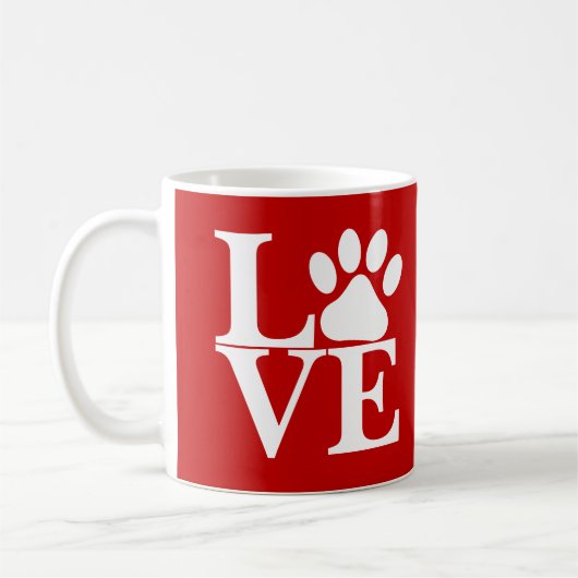 Weiße LIEBE Word Hundetyp auf rotem Hintergrund Kaffeetasse (Links)