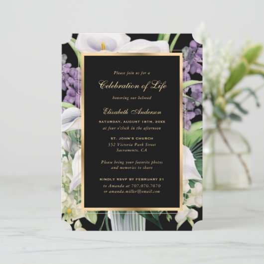 Weiße Lila Blumenfeier zum Foto des Lebens Einladung (Stehend Vorderseite)