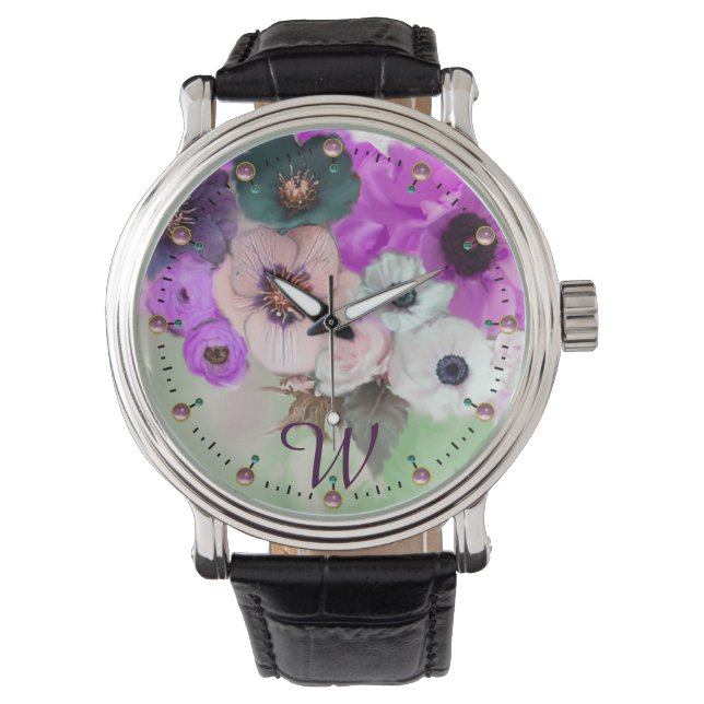 WEISSE LILA GRÜNE ROSE, ANEMONS BLUME MONOGRAM ARMBANDUHR (Vorderseite)