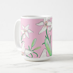 Weiße Lilien auf rosa Hintergrundbild Kaffeetasse