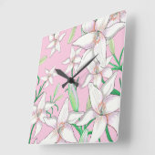 Weiße Lilien auf rosa Hintergrundbild Quadratische Wanduhr (Winkel)