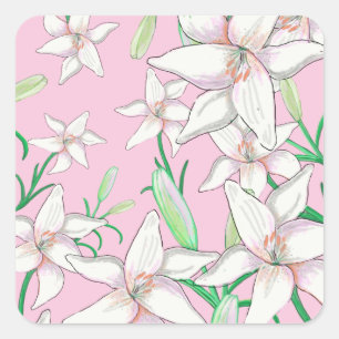 Weiße Lilien auf rosa Hintergrundbild Quadratischer Aufkleber