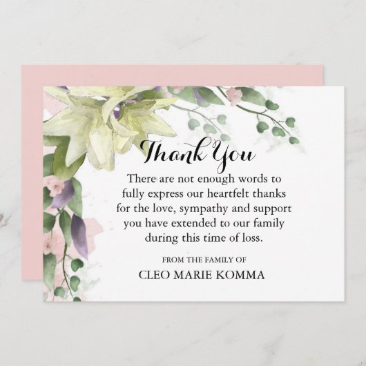 Weiße Lilien Beileid Wasserfarbe Danke Karte (Vorne/Hinten)