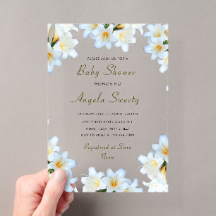 Weiße Lilien Blumen Acryl-Baby Shower-Einladung Acryleinladungen