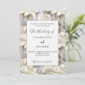 Weiße Lilien Blumen Silber Retro Luxus Hochzeit Einladung (Stehend Vorderseite)