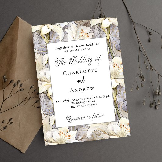 Weiße Lilien Blumen Silber Retro Luxus Hochzeit Einladung