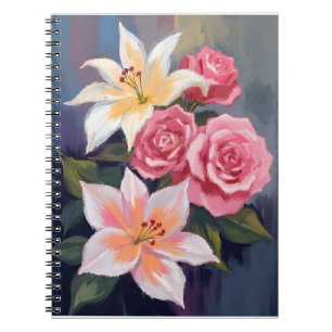 Weiße Lilien Rosa Rosenstrauß Aquarell Floral Notizblock
