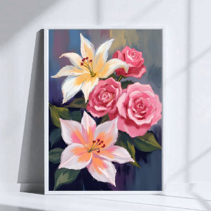 Weiße Lilien Rosa Rosenstrauß Wasserfarbe Floral Poster