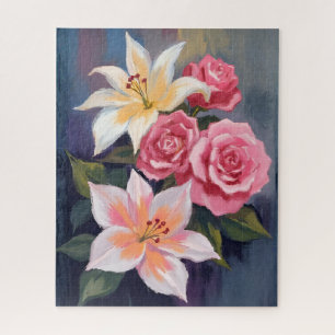 Weiße Lilien Rosa Rosenstrauß Wasserfarben Floral Puzzle