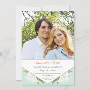 Weiße Lilien und leichte Minze Save the Date Karte