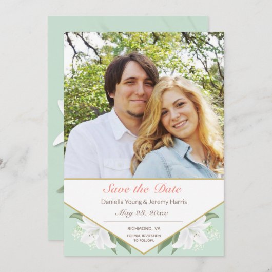 Weiße Lilien und leichte Minze Save the Date Karte (Vorne/Hinten)