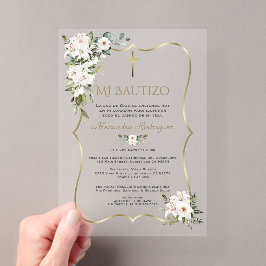 Weiße Lilienrose Bautizo mit Blumen Gold Taufe  Acryleinladungen