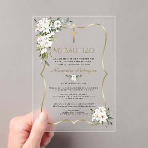 Weiße Lilienrose Bautizo mit Blumen Gold Taufe Acryleinladungen