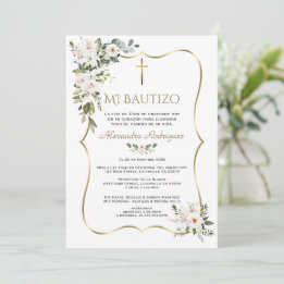 Weiße Lilienrose Bautizo mit Blumen Gold Taufe Einladung