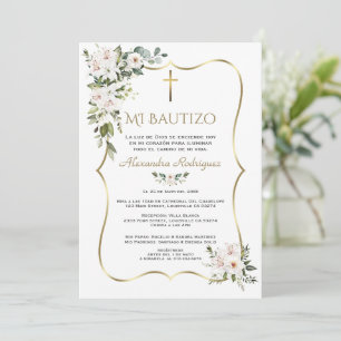 Weiße Lilienrose Bautizo mit Blumen Gold Taufe Einladung