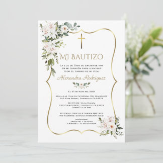 Weiße Lilienrose Bautizo mit Blumen Gold Taufe  Einladung