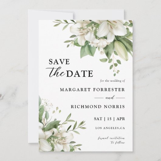 Weiße Lily Elegante Blumenhochzeit rettet das Datu Einladung (Vorderseite)