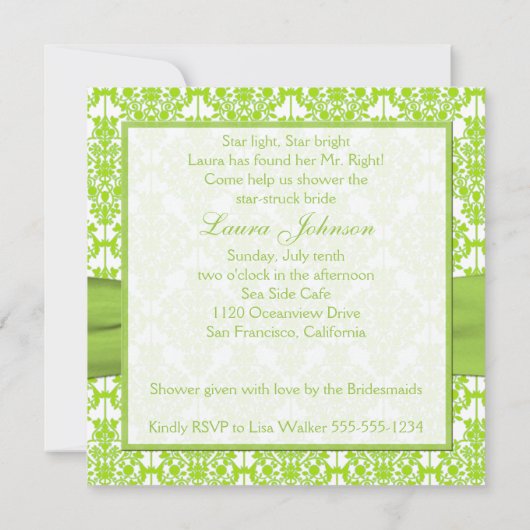Weiße, Limone Damask Brautdusche Einladung (Rückseite)