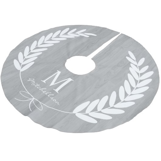 Weiße Lorbeer-graues hölzernes Korn - Polyester Weihnachtsbaumdecke (Schrägansicht)