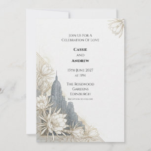 Weiße Lotus Art Deco Stadt Hochzeitseinladung Einladung