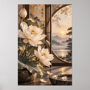 Weiße Lotus-Mondtor-Berg-Sonnenuntergangs-Wandkuns Poster