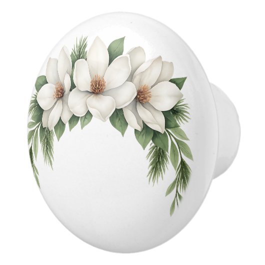 Weiße Magnolia Blossom Blumengrün Keramikknauf (Rechts)