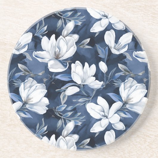 Weiße Magnolia-Blume, blauer Hintergrund Getränkeuntersetzer (Vorne)