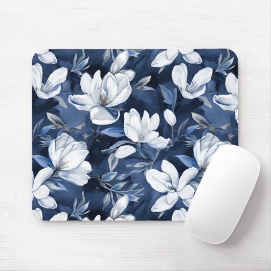 Weiße Magnolia-Blume, blauer Hintergrund Mousepad (Mit Mouse)