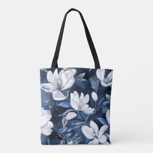 Weiße Magnolia-Blume, blauer Hintergrund Tasche (Rückseite)