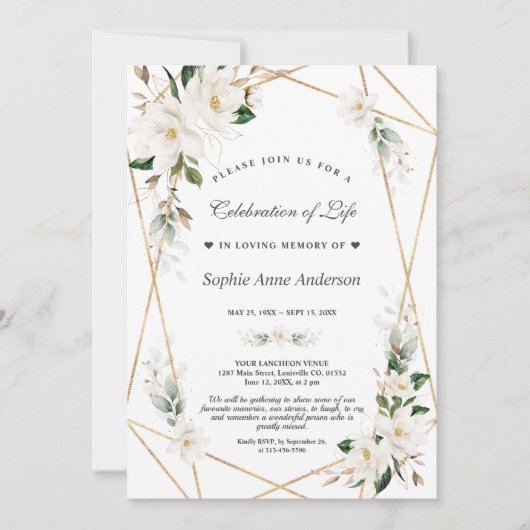 Weiße Magnolia-Blume Goldene Feier des Lebens Einladung (Vorderseite)