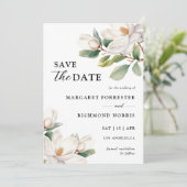 Weiße Magnolia-Blumenhochzeit rettet das Datum Einladung (Stehend Vorderseite)