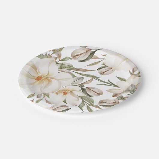 Weiße Magnolia Brautparty Grüne Pappteller (Schrägansicht)