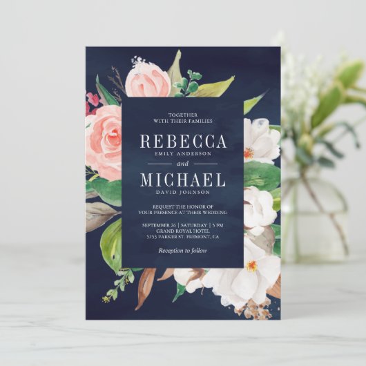 Weiße Magnolia Rosa Blüte Alles in einer Marinehoc Einladung (Stehend Vorderseite)