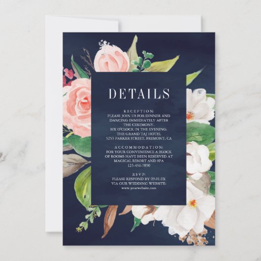 Weiße Magnolia Rosa Blüte Alles in einer Marinehoc Einladung (Rückseite)