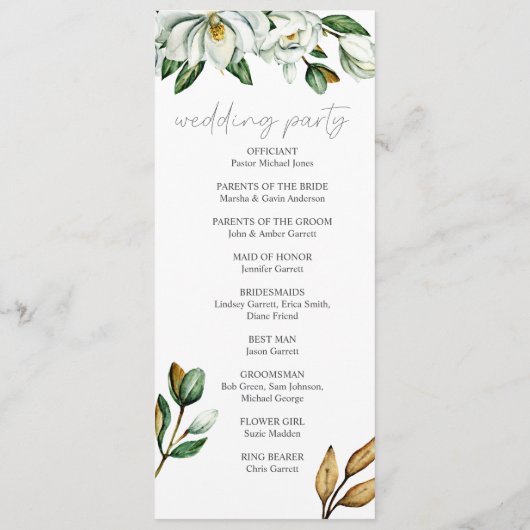 Weiße Magnolia Rustikales Hochzeitsprogramm Programm (Rückseite)