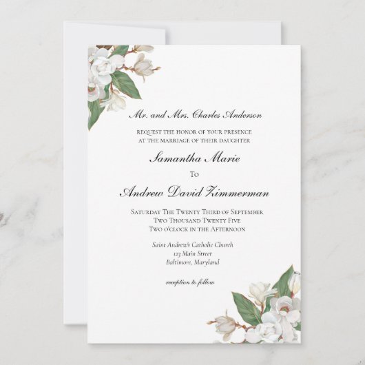 Weiße Magnolias florale Hochzeit Einladung (Vorderseite)