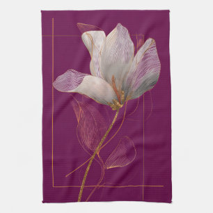 Weiße Magnolie Goldlinien Magenta Geschirrtuch
