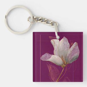 Weiße Magnolie Goldlinien Magenta Schlüsselanhänger