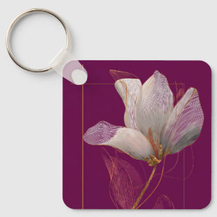 Weiße Magnolie Goldlinien-Magenta Schlüsselanhänger