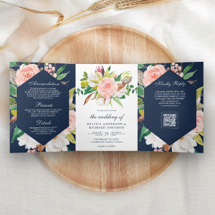 Weiße Magnolie Rosa Blumen Navy QR-Code Hochzeit Dreifach Gefaltete Einladung