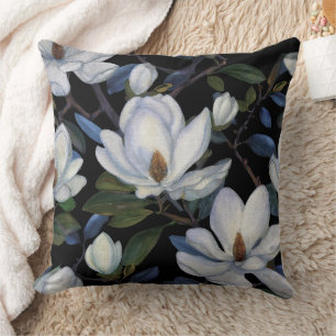 Weiße Magnolien auf schwarzem Muster Kissen