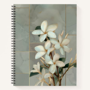 Weiße Magnolien-Blumen-Gold-Linien-Marmor Notizblock