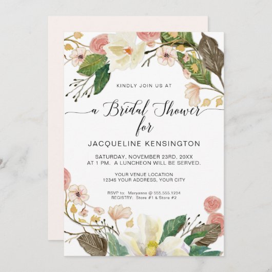 Weiße Magnolien Rosa Blütenröte Twig in Foliage Einladung (Vorne/Hinten)