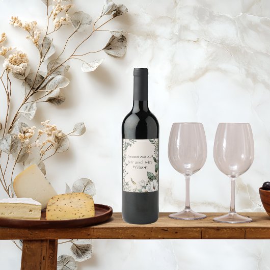 Weiße Magnolien und Butterfly Hochzeitsweinetikett Weinetikett