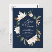 Weiße Magnolienblume Save the Date blau Postkarte (Vorne/Hinten)