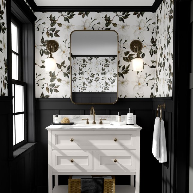 Weiße Magnolienflora Botanisches Muster Tapete (White Magnolia Floral Watercolor Botanical Pattern Wallpaper (Bathroom))